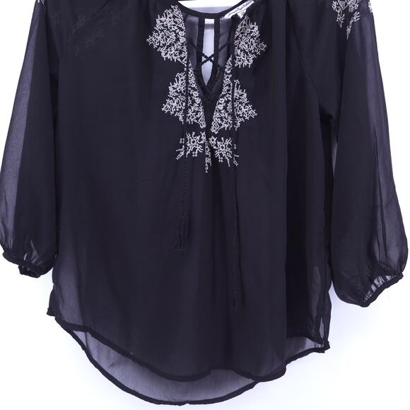 AEO American Eagle Boho Peasant 70s Black Sheer Embroidered Blouse Rope Tassel M - Picture 4 of 13